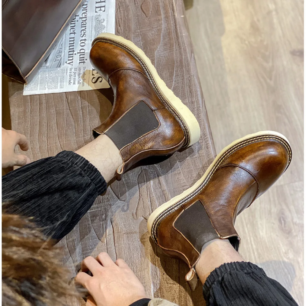 Leather Work Oxfords - Botas Chelsea Retro de cuero genuino